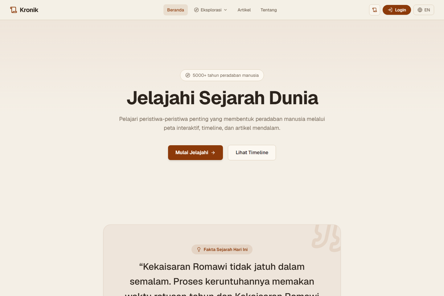 Tangkapan layar halaman utama Kronik, dengan judul Jelajahi Sejarah Dunia dan tombol eksplorasi